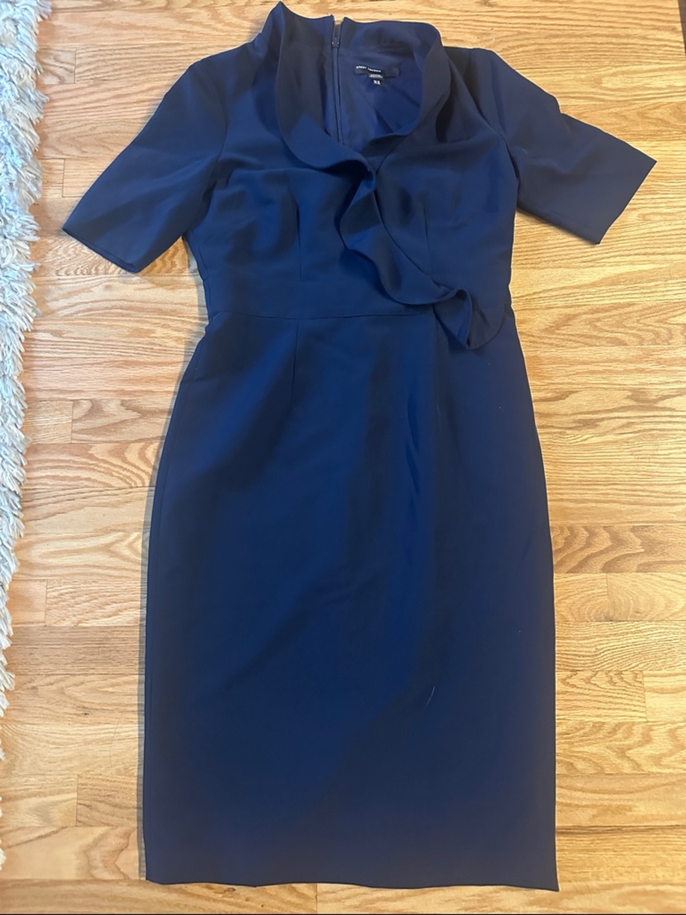 Maggy London Navy Ruffle-Front Midi Sheath Dress